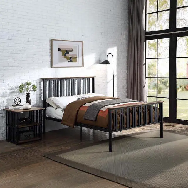 Alt view image 5 of 5 - Rustic Industrial Black and Antique Oak Finish Open Shelves Nightstand 1pc Metal Frame Durable Bedroom Furniture