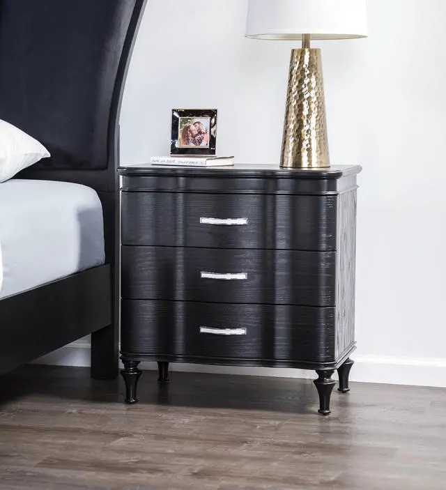 Main image of 1pc Nightstand Exquisite Bedroom Black Solidwood Turned Wood Legs Bedside Table Furniture Curved Front Panels