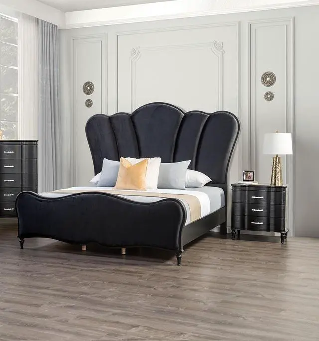 Alt view image 6 of 7 - 1pc Nightstand Exquisite Bedroom Black Solidwood Turned Wood Legs Bedside Table Furniture Curved Front Panels