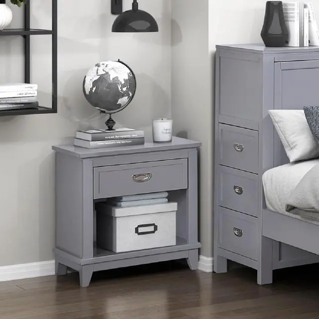 Alt view image 6 of 7 - Gray Finish 1pc Nightstand with Storage Drawer Bottom Shelf Classic Style Bedroom Furniture