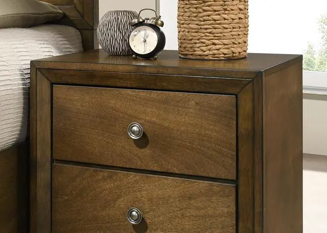Alt view image 7 of 7 - Walnut Finish 1pc Nightstand Transitional Style Bedside Table 2-Drawers Zinc Iron Bronze Metal Knob