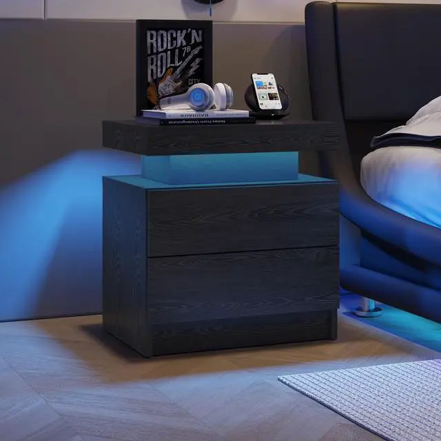 Main image of Nightstand LED Bedside Table Cabinet Lights Modern End Side with 2 Drawers for Bedroom (Black Woodgrain)