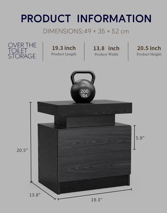 Alt view image 3 of 7 - Nightstand LED Bedside Table Cabinet Lights Modern End Side with 2 Drawers for Bedroom (Black Woodgrain)