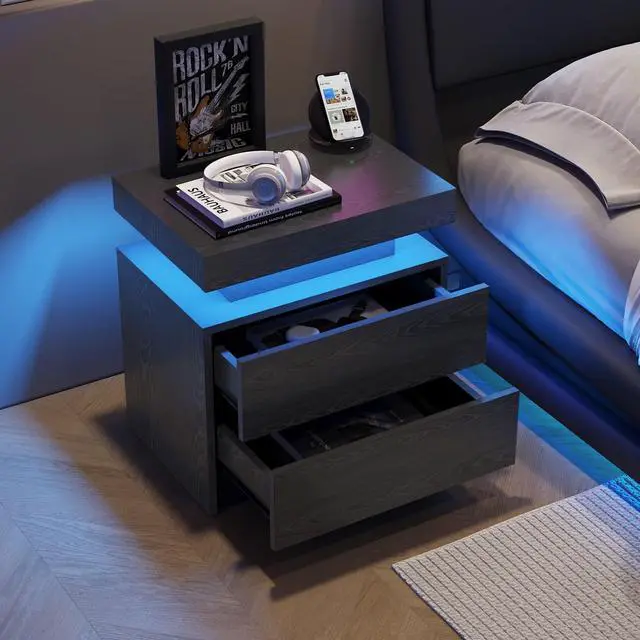 Alt view image 4 of 7 - Nightstand LED Bedside Table Cabinet Lights Modern End Side with 2 Drawers for Bedroom (Black Woodgrain)