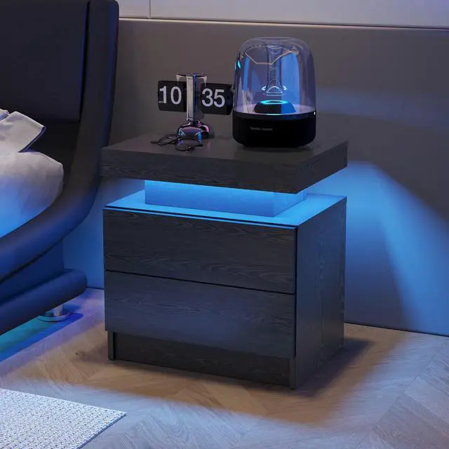 Alt view image 2 of 7 - Nightstand LED Bedside Table Cabinet Lights Modern End Side with 2 Drawers for Bedroom (Black Woodgrain)