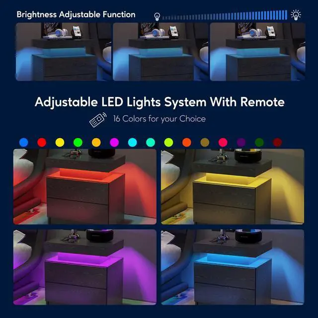 Alt view image 6 of 7 - Nightstand LED Bedside Table Cabinet Lights Modern End Side with 2 Drawers for Bedroom (Black Woodgrain)