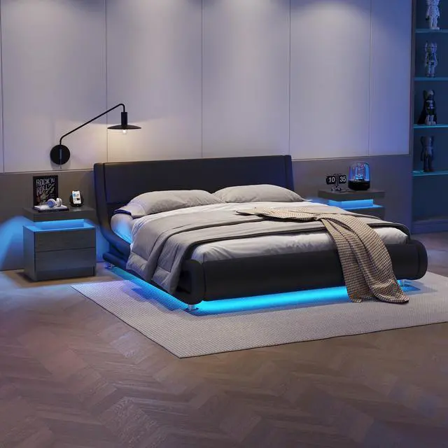 Alt view image 7 of 7 - Nightstand LED Bedside Table Cabinet Lights Modern End Side with 2 Drawers for Bedroom (Black Woodgrain)