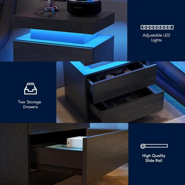 Alt view image 5 of 7 - Nightstand LED Bedside Table Cabinet Lights Modern End Side with 2 Drawers for Bedroom (Black Woodgrain)