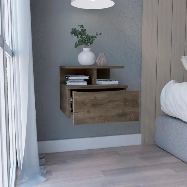 Alt view image 2 of 7 - Floating Nightstand 12"H, Wall Mounted with Single Drawer and 2-Tier Shelf, Dark Walnut