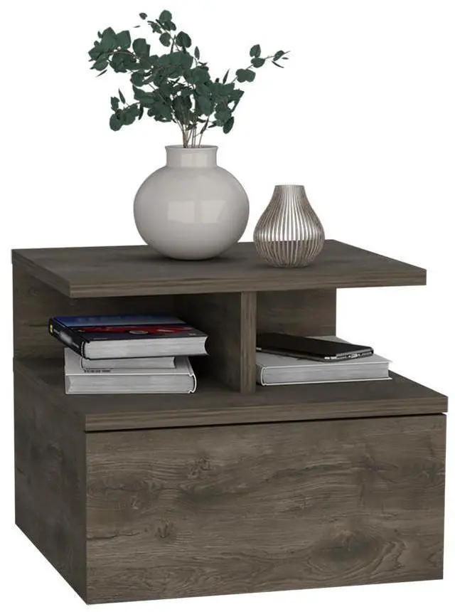 Alt view image 6 of 7 - Floating Nightstand 12"H, Wall Mounted with Single Drawer and 2-Tier Shelf, Dark Walnut