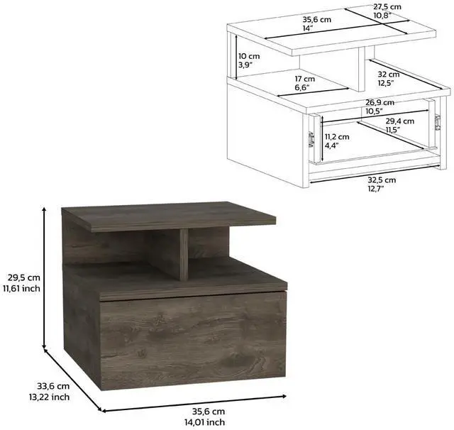 Alt view image 7 of 7 - Floating Nightstand 12"H, Wall Mounted with Single Drawer and 2-Tier Shelf, Dark Walnut