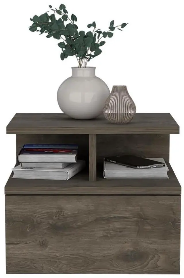 Alt view image 5 of 7 - Floating Nightstand 12"H, Wall Mounted with Single Drawer and 2-Tier Shelf, Dark Walnut