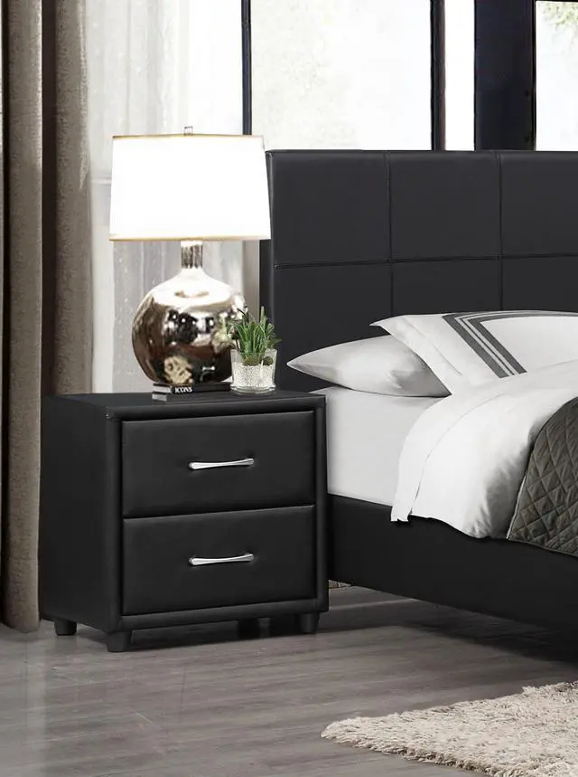Alt view image 2 of 7 - Contemporary Durable Black Faux Leather Covering 1pc Nightstand of Drawers Silver Tone Bar Pulls Stylish Furniture