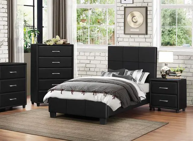 Alt view image 7 of 7 - Contemporary Durable Black Faux Leather Covering 1pc Nightstand of Drawers Silver Tone Bar Pulls Stylish Furniture