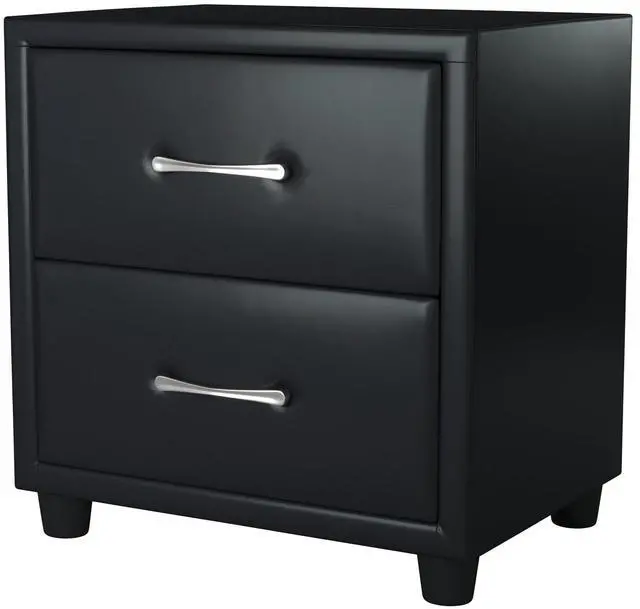 Alt view image 6 of 7 - Contemporary Durable Black Faux Leather Covering 1pc Nightstand of Drawers Silver Tone Bar Pulls Stylish Furniture