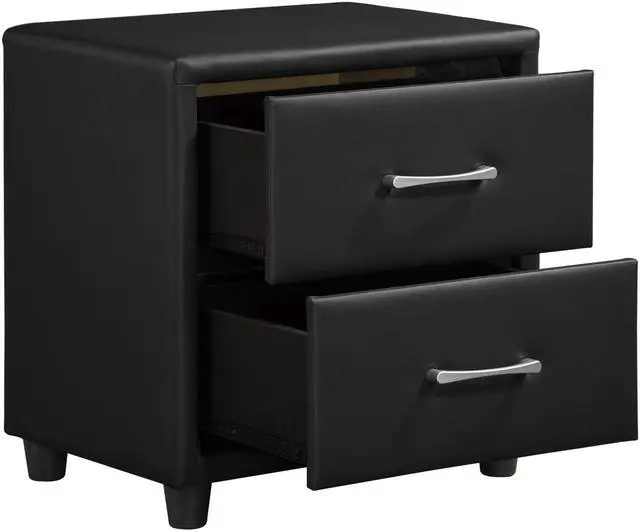 Alt view image 5 of 7 - Contemporary Durable Black Faux Leather Covering 1pc Nightstand of Drawers Silver Tone Bar Pulls Stylish Furniture
