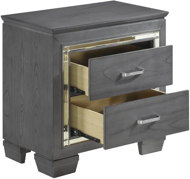 Alt view image 3 of 7 - Glamourous Style 1pc Nightstand of 2x Drawers LED Lighting Faux Crystals Bar Pulls Gray Finish Modern Bedroom Furniture