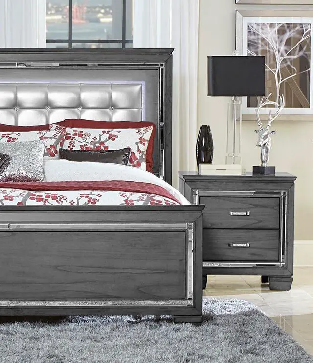 Alt view image 6 of 7 - Glamourous Style 1pc Nightstand of 2x Drawers LED Lighting Faux Crystals Bar Pulls Gray Finish Modern Bedroom Furniture