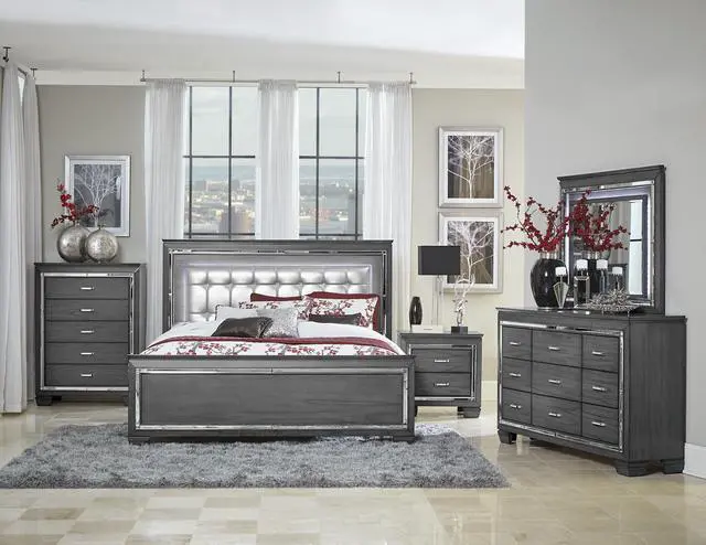 Alt view image 7 of 7 - Glamourous Style 1pc Nightstand of 2x Drawers LED Lighting Faux Crystals Bar Pulls Gray Finish Modern Bedroom Furniture