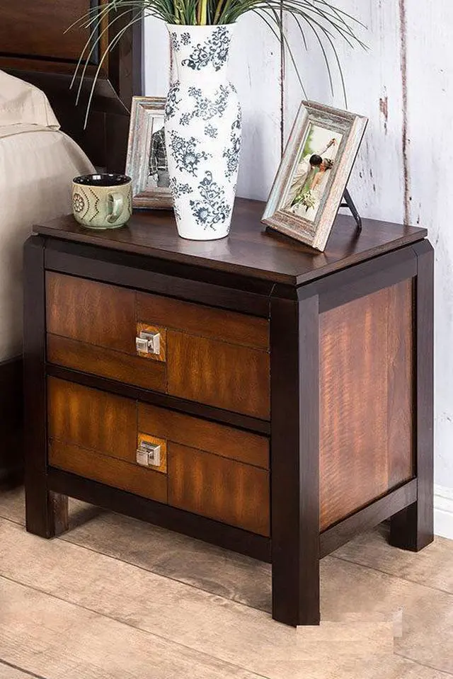 Alt view image 3 of 7 - Acacia Walnut 1pc Nightstand Only Transitional Solid wood 2-Drawers Square Chrome Knobs Multitone Unique Nightstand
