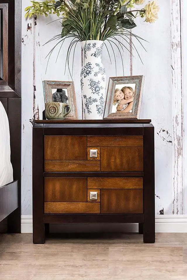 Alt view image 4 of 7 - Acacia Walnut 1pc Nightstand Only Transitional Solid wood 2-Drawers Square Chrome Knobs Multitone Unique Nightstand