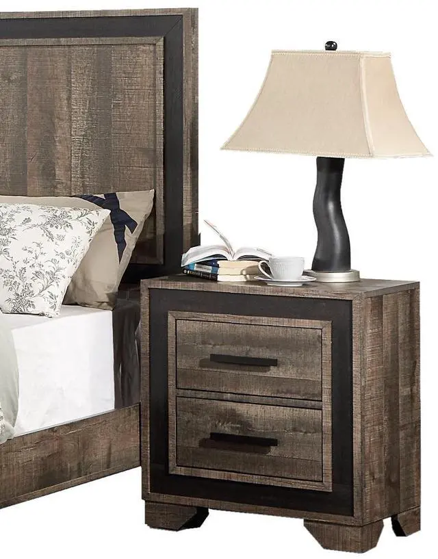 Alt view image 3 of 6 - Oak Finish 1pc Nightstand Paper veneer Bedroom Furniture 2-Drawers Bedside Table