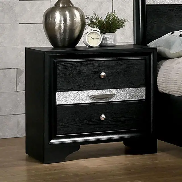 Main image of Contemporary 1pc Nightstand Black Finish Silver Accents Hidden Jewelry Drawer Nickel Round Knob Bedside Table Bedroom Furniture