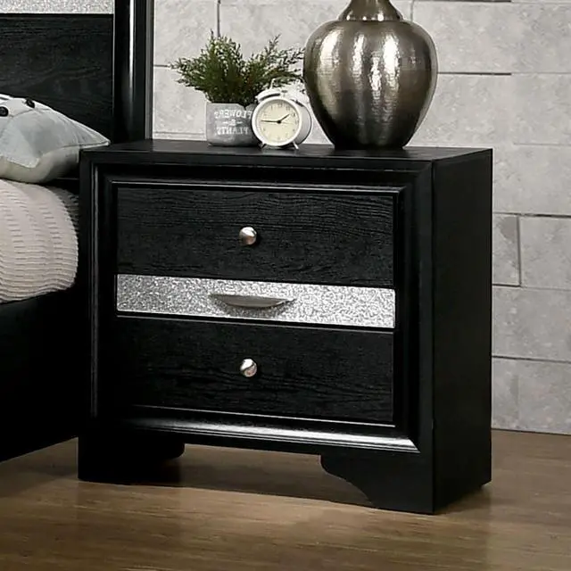 Alt view image 2 of 7 - Contemporary 1pc Nightstand Black Finish Silver Accents Hidden Jewelry Drawer Nickel Round Knob Bedside Table Bedroom Furniture