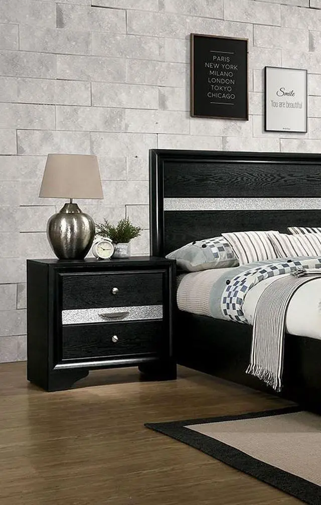 Alt view image 5 of 7 - Contemporary 1pc Nightstand Black Finish Silver Accents Hidden Jewelry Drawer Nickel Round Knob Bedside Table Bedroom Furniture
