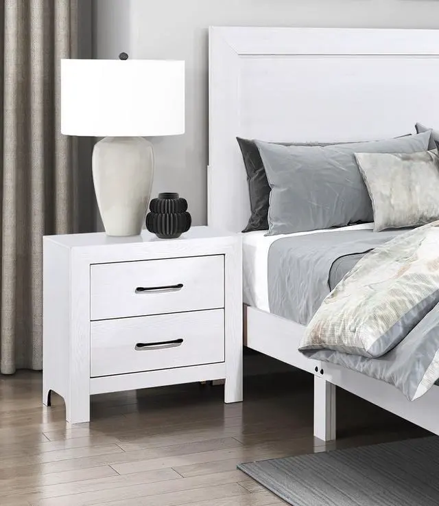 Main image of Modern White Finish 1pc Nightstand of 2x Drawers Black Hardware Wooden Bedroom Furniture