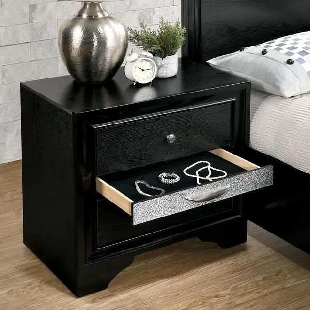 Alt view image 3 of 7 - Contemporary 1pc Nightstand Black Finish Silver Accents Hidden Jewelry Drawer Nickel Round Knob Bedside Table Bedroom Furniture