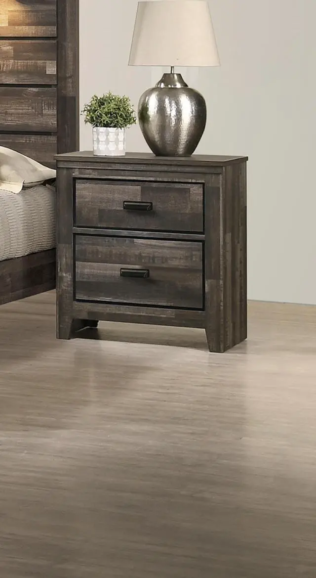 Main image of Contemporary 2-Drawer Nightstand End Table Brown Mixed Finish Two Storage Drawers Black Finished Handles Bedroom Furniture