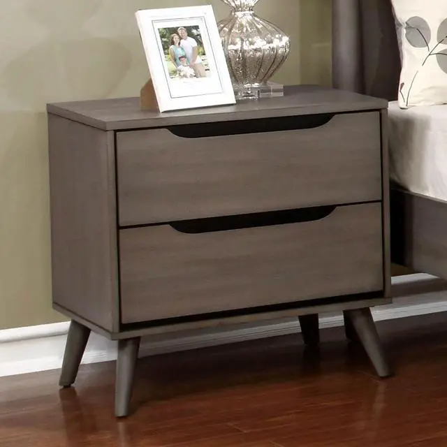 Alt view image 3 of 7 - Mid-Century Modern Gray Color 1pc Nightstand Bedroom Furniture Solid wood Round Tapered Legs 2-Drawers Bedside Table