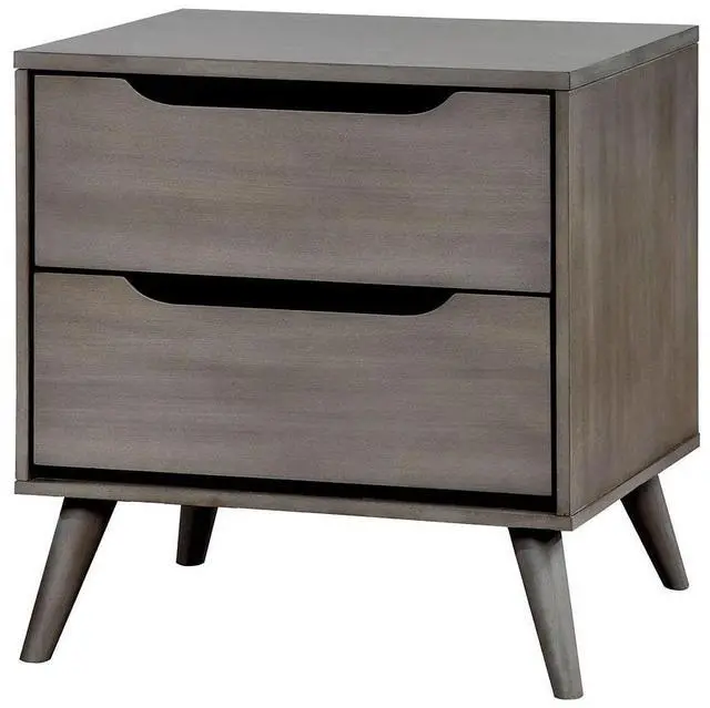 Alt view image 4 of 7 - Mid-Century Modern Gray Color 1pc Nightstand Bedroom Furniture Solid wood Round Tapered Legs 2-Drawers Bedside Table
