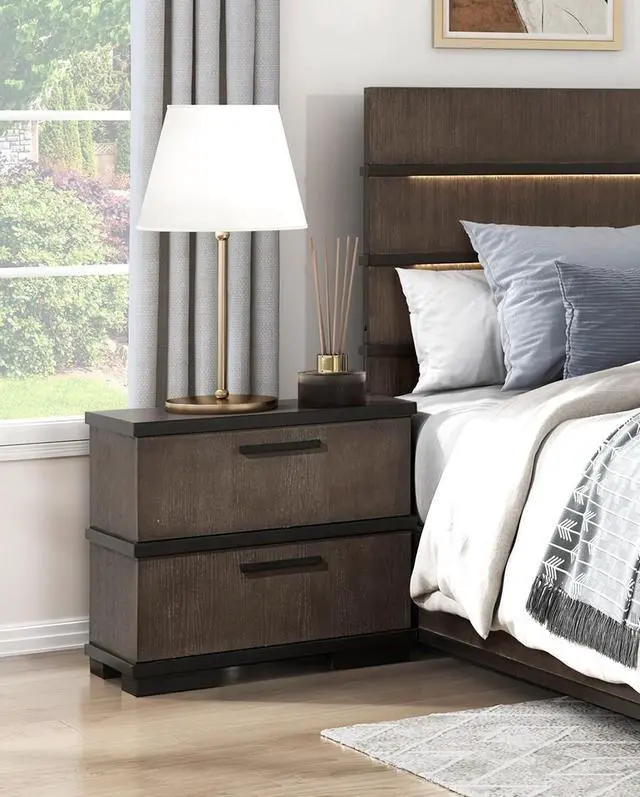 Main image of Two-Tone Brown Black Finish 2-Drawers Nightstand 1pc Modern Industrial Design Bedroom Furniture
