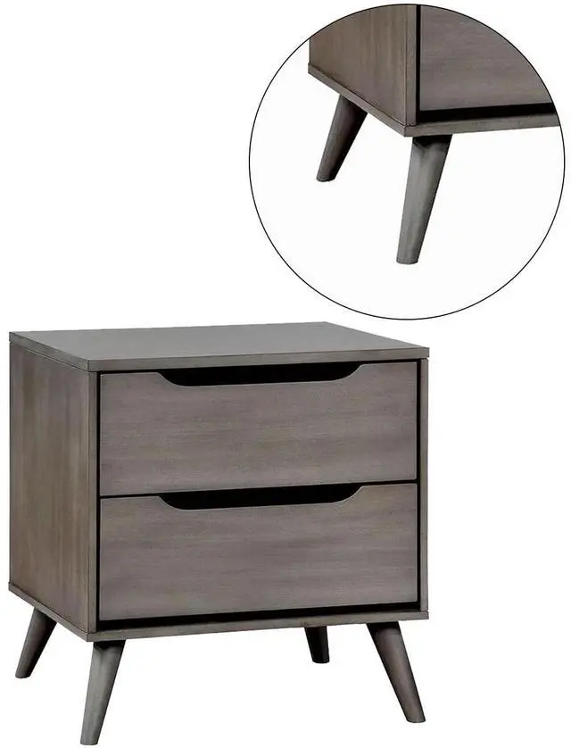 Alt view image 5 of 7 - Mid-Century Modern Gray Color 1pc Nightstand Bedroom Furniture Solid wood Round Tapered Legs 2-Drawers Bedside Table