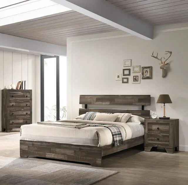 Alt view image 5 of 5 - 1pc Rustic Two Drawers Storage Nightstand Brown Gray Finish Wooden Bedroom Furniture