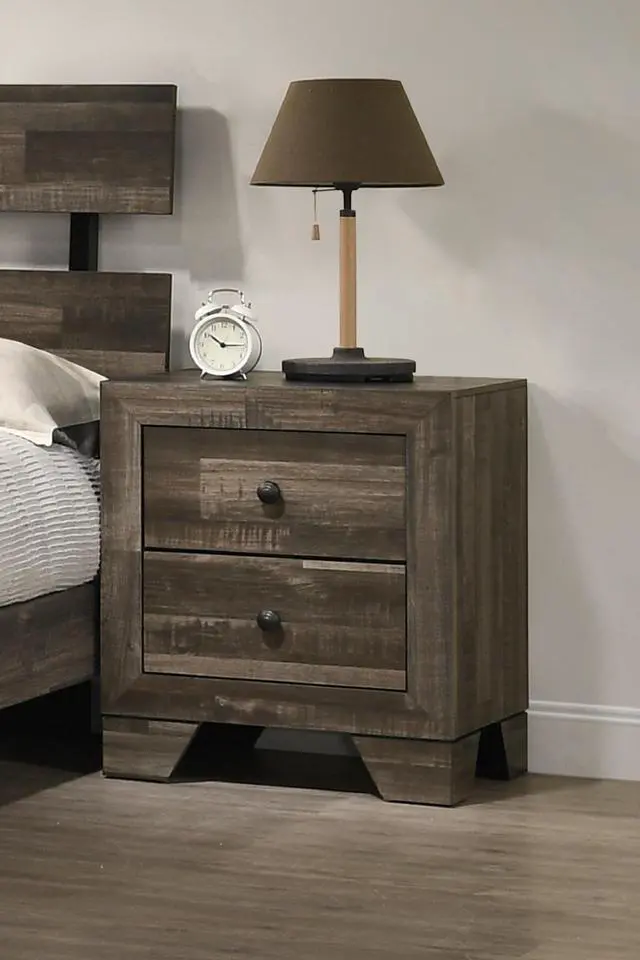 Alt view image 3 of 5 - 1pc Rustic Two Drawers Storage Nightstand Brown Gray Finish Wooden Bedroom Furniture