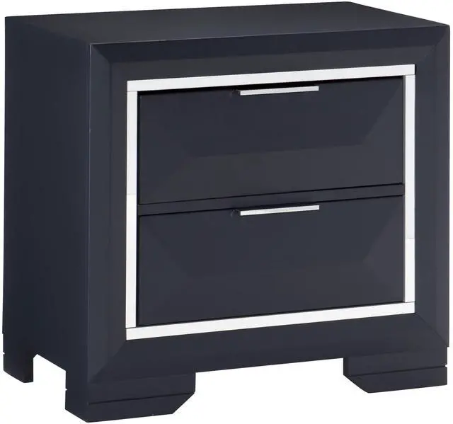 Alt view image 3 of 7 - Modern Bedroom Nightstand of Two Drawers Beveled Acrylic Trim Wooden Furniture 1pc, Midnight Blue Finish