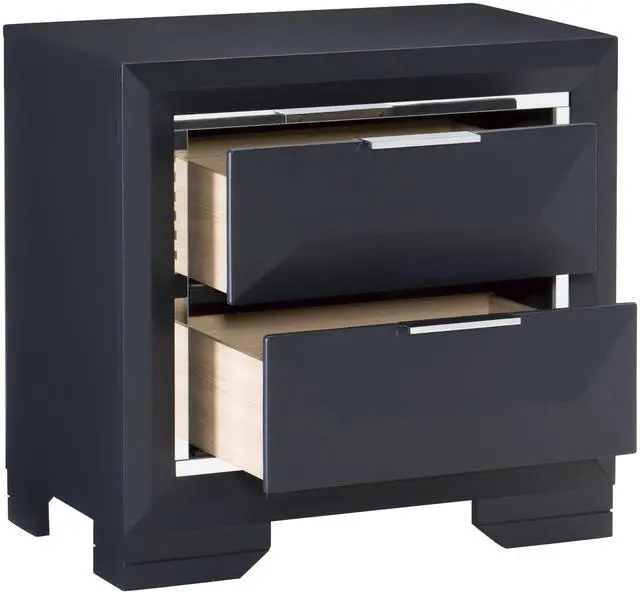 Alt view image 4 of 7 - Modern Bedroom Nightstand of Two Drawers Beveled Acrylic Trim Wooden Furniture 1pc, Midnight Blue Finish