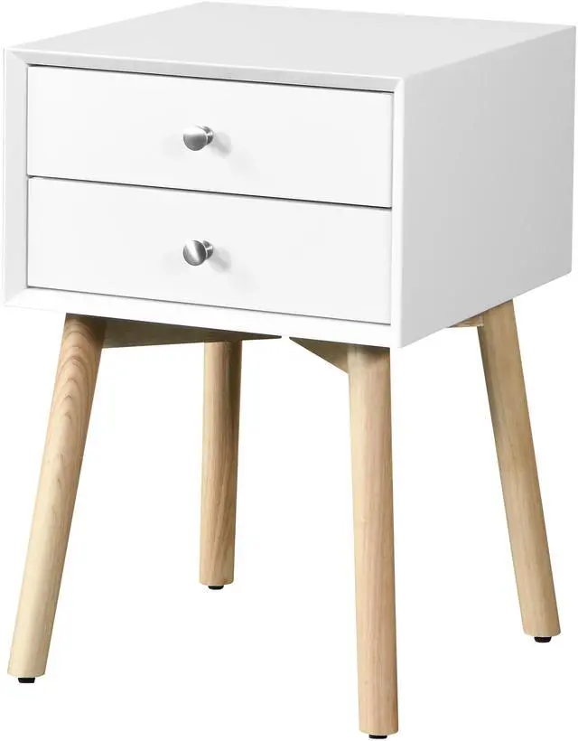 Alt view image 3 of 6 - Side Table,Bedside Table with 2 Drawers and Rubber Wood Legs, Mid-Century Modern Storage Cabinet for Bedroom Living Room, White