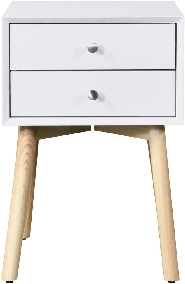 Alt view image 2 of 6 - Side Table,Bedside Table with 2 Drawers and Rubber Wood Legs, Mid-Century Modern Storage Cabinet for Bedroom Living Room, White