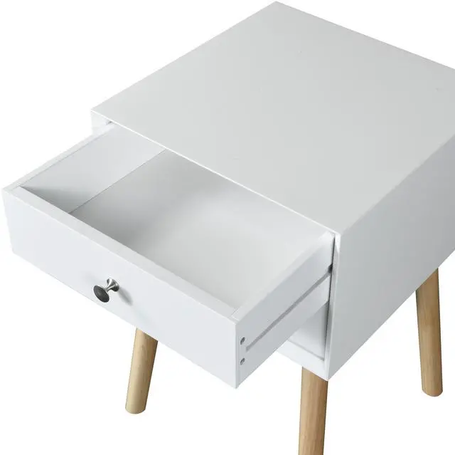 Alt view image 6 of 6 - Side Table,Bedside Table with 2 Drawers and Rubber Wood Legs, Mid-Century Modern Storage Cabinet for Bedroom Living Room, White