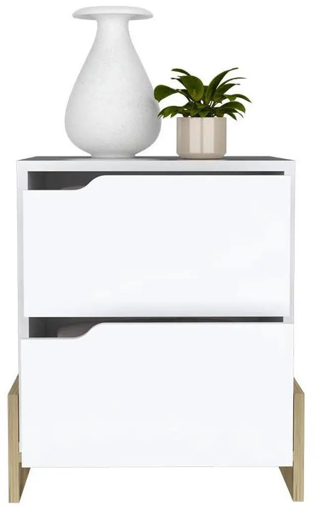 Alt view image 3 of 7 - Nightstand Brookland, Bedside Table with Double Drawers and Sturdy Base, White / Macadamia Finish