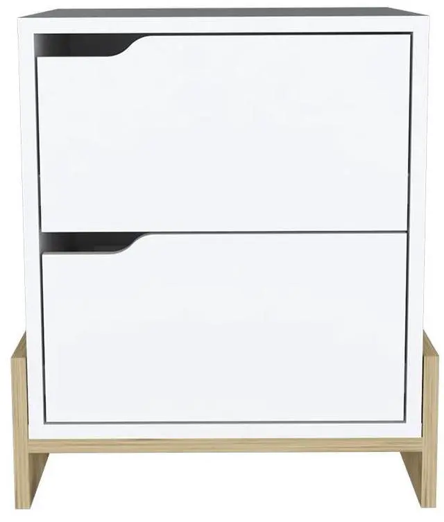 Alt view image 5 of 7 - Nightstand Brookland, Bedside Table with Double Drawers and Sturdy Base, White / Macadamia Finish