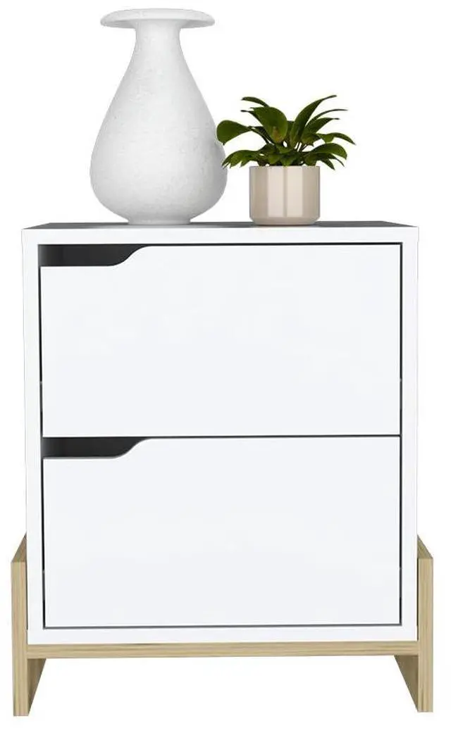 Alt view image 4 of 7 - Nightstand Brookland, Bedside Table with Double Drawers and Sturdy Base, White / Macadamia Finish