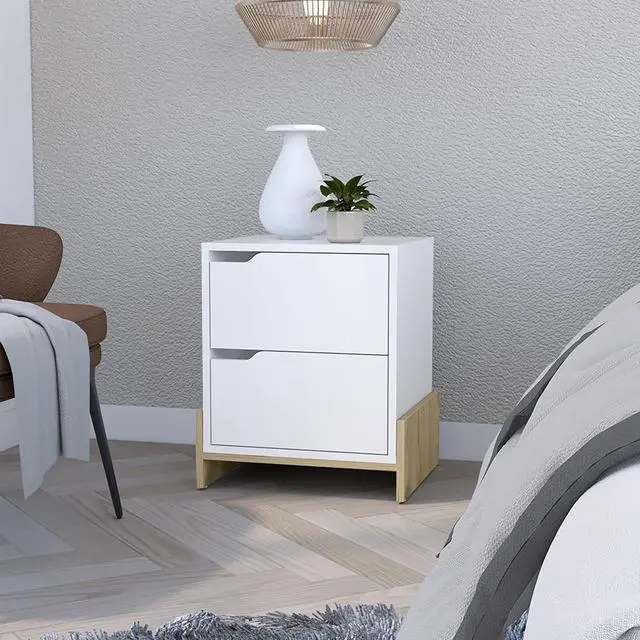 Alt view image 2 of 7 - Nightstand Brookland, Bedside Table with Double Drawers and Sturdy Base, White / Macadamia Finish
