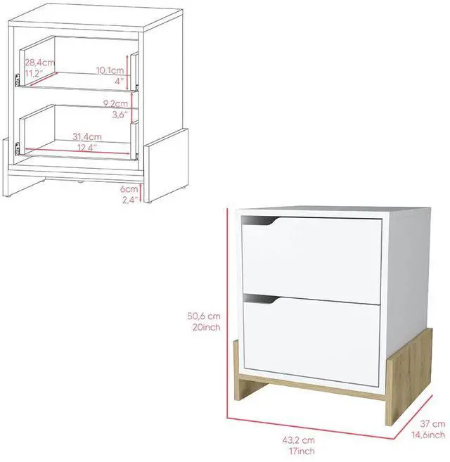 Alt view image 6 of 7 - Nightstand Brookland, Bedside Table with Double Drawers and Sturdy Base, White / Macadamia Finish