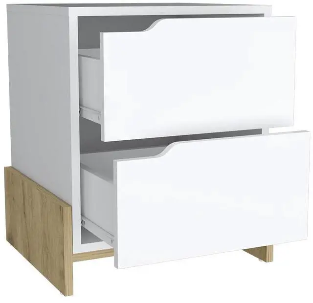 Alt view image 7 of 7 - Nightstand Brookland, Bedside Table with Double Drawers and Sturdy Base, White / Macadamia Finish