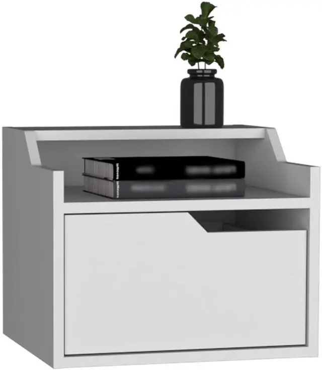 Alt view image 4 of 7 - Winchester Floating Nightstand, Modern Dual-Tier Design with Spacious Single Drawer Storage, White